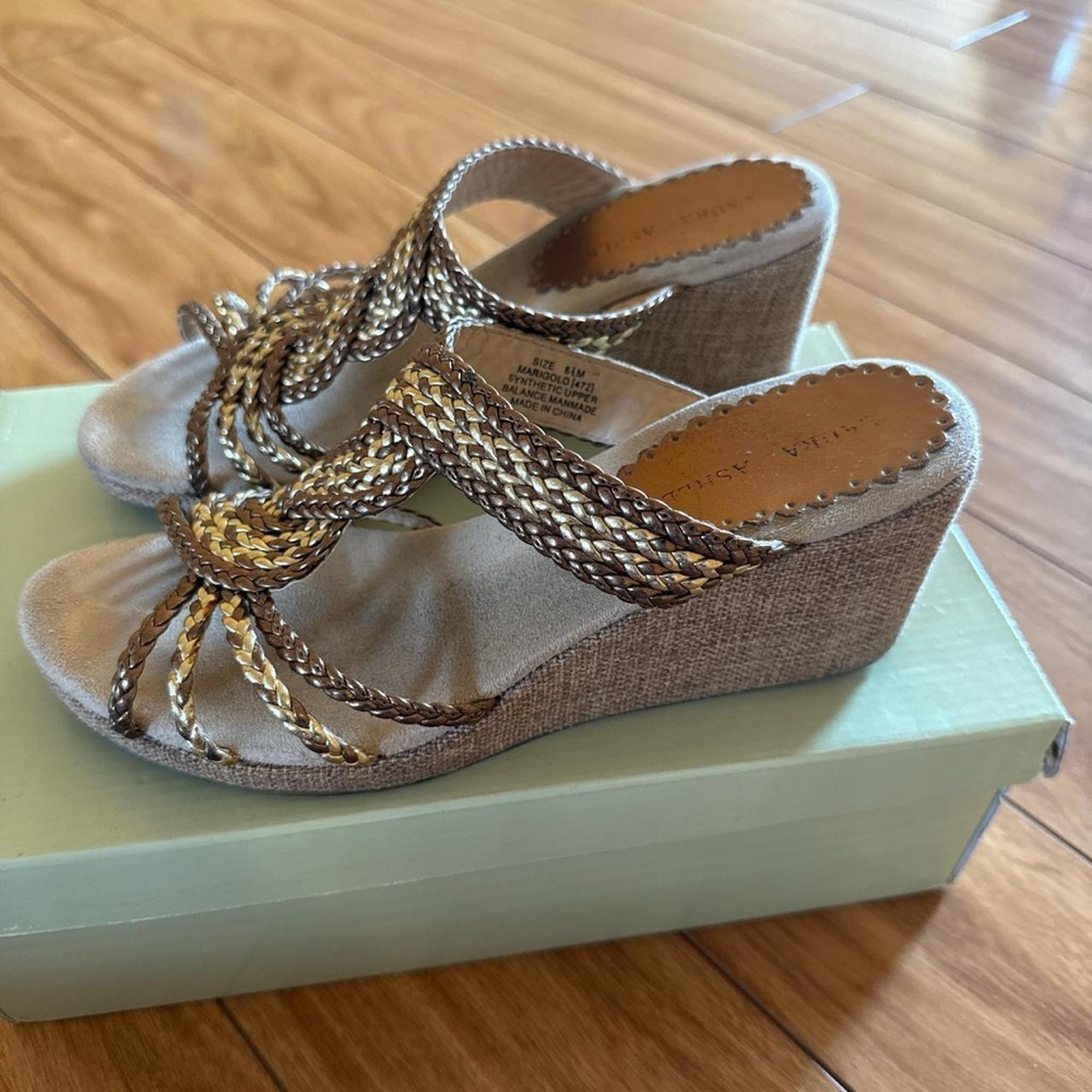 Laura Ashley Gold and Tan Wedge Sandals